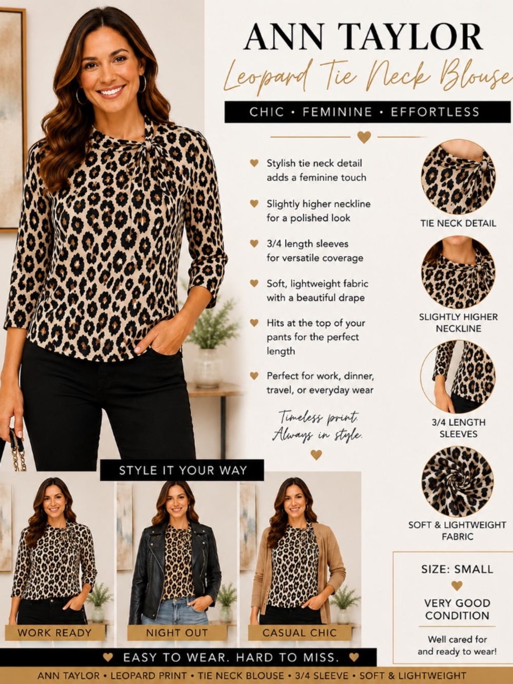 Ann Taylor Leopard Print Tie Neck Blouse Size Small 3/4 Sleeve